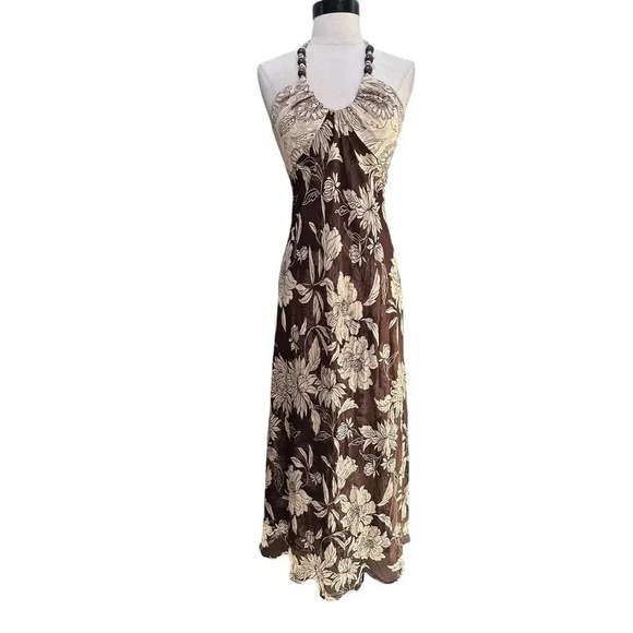 Donna Rico Brown 100% silk Halter Floral Maxi Dress beaded Size 2 - Picture 2 of 11